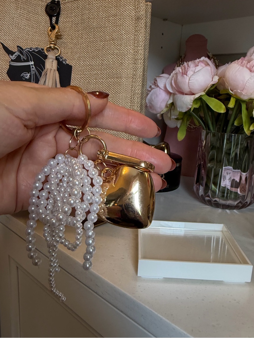 Large Puffed Heart & Faux Pearl Bow Keychain Bag Charm gold tone accessory